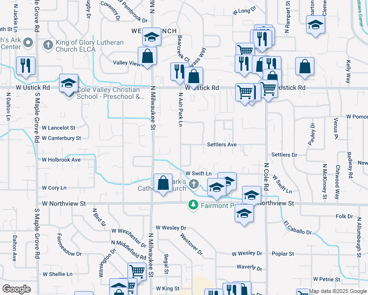 map of restaurants, bars, coffee shops, grocery stores, and more near 2806 North Ash Park Lane in Boise