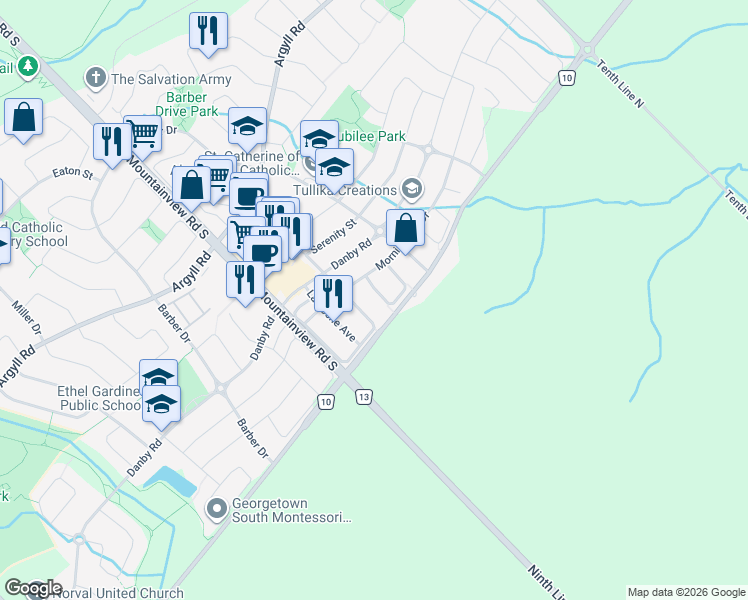 map of restaurants, bars, coffee shops, grocery stores, and more near 33 Chetholme Place in Halton Hills