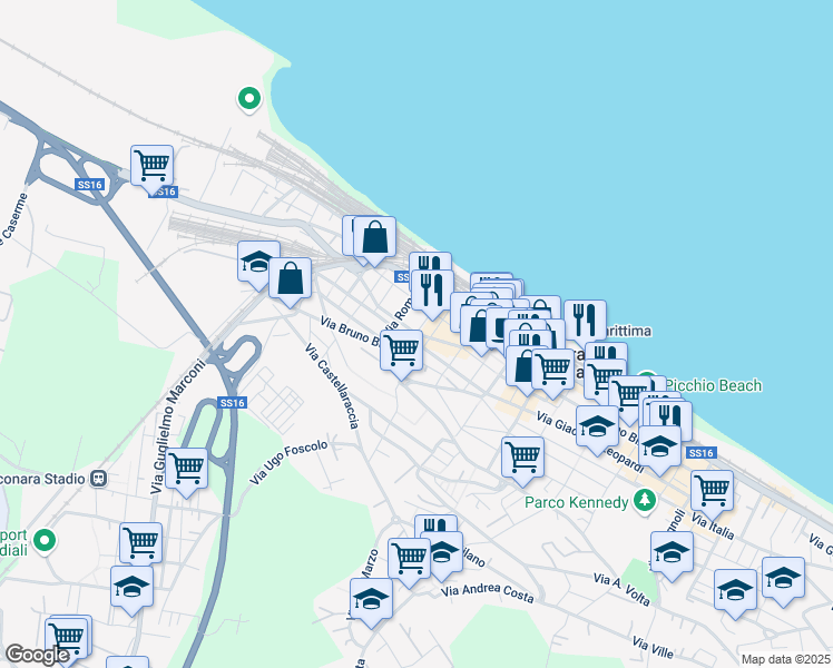 map of restaurants, bars, coffee shops, grocery stores, and more near 29 Via Marsala in Falconara Marittima