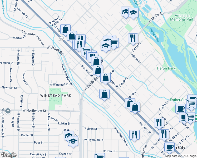 map of restaurants, bars, coffee shops, grocery stores, and more near 102 East 41st Street in Boise