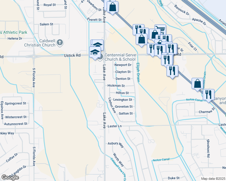 map of restaurants, bars, coffee shops, grocery stores, and more near 3723 Hilton Street in Caldwell