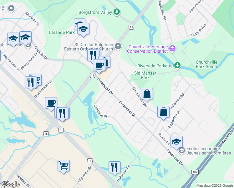 map of restaurants, bars, coffee shops, grocery stores, and more near 28 Fogerty Street in Brampton