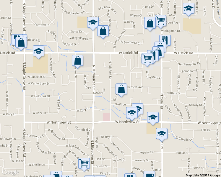 map of restaurants, bars, coffee shops, grocery stores, and more near 2784 N Ash Park Ln in Boise