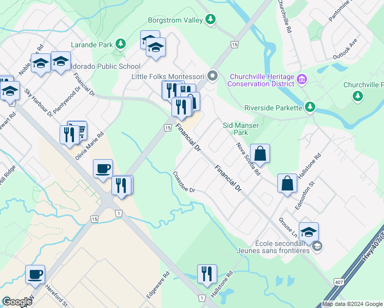 map of restaurants, bars, coffee shops, grocery stores, and more near 11 Coastline Drive in Brampton