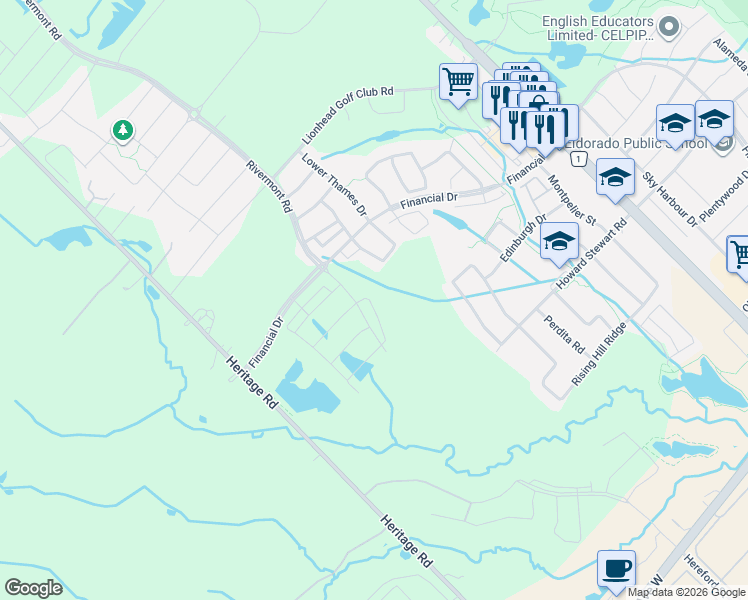 map of restaurants, bars, coffee shops, grocery stores, and more near 19 Summerbeam Way in Brampton