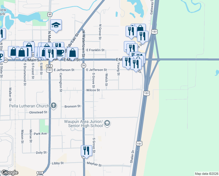 map of restaurants, bars, coffee shops, grocery stores, and more near 820 Wilcox Street in Waupun