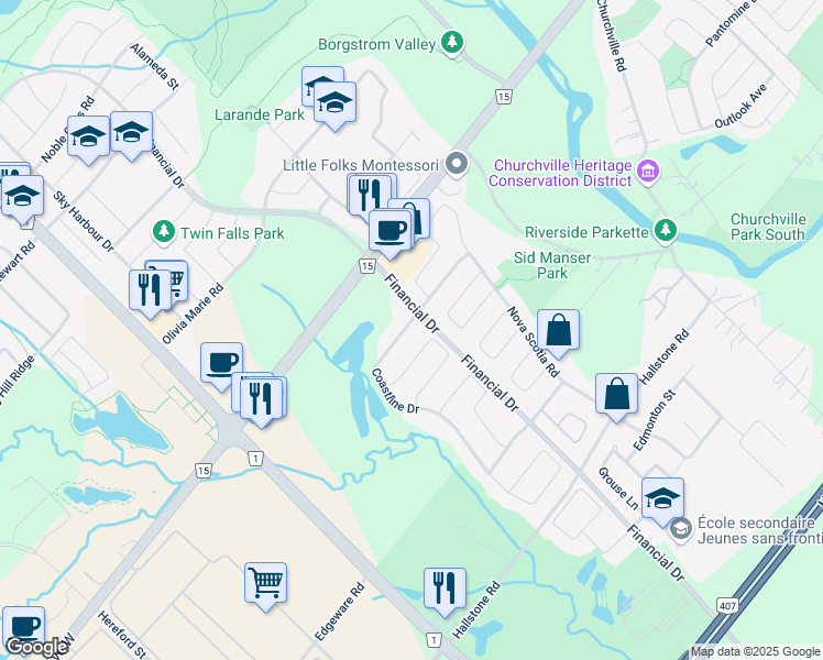 map of restaurants, bars, coffee shops, grocery stores, and more near 9 Coastline Drive in Brampton