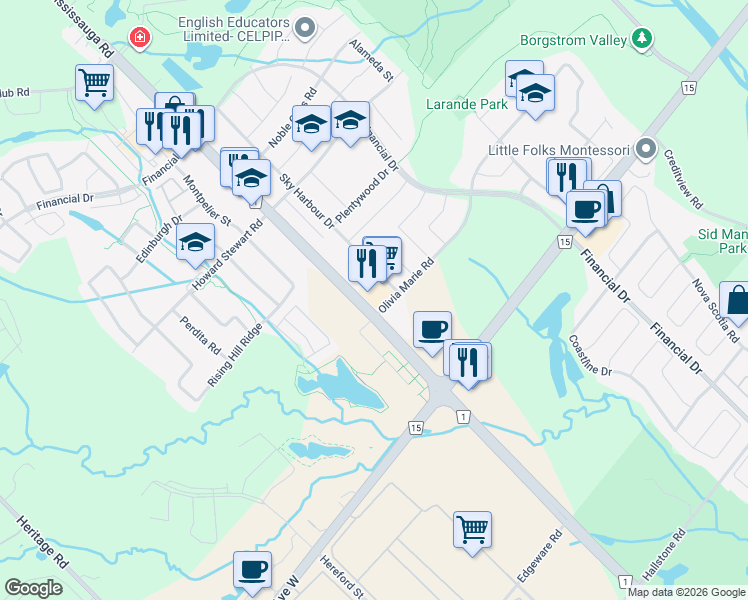 map of restaurants, bars, coffee shops, grocery stores, and more near 50 Sky Harbour Drive in Brampton