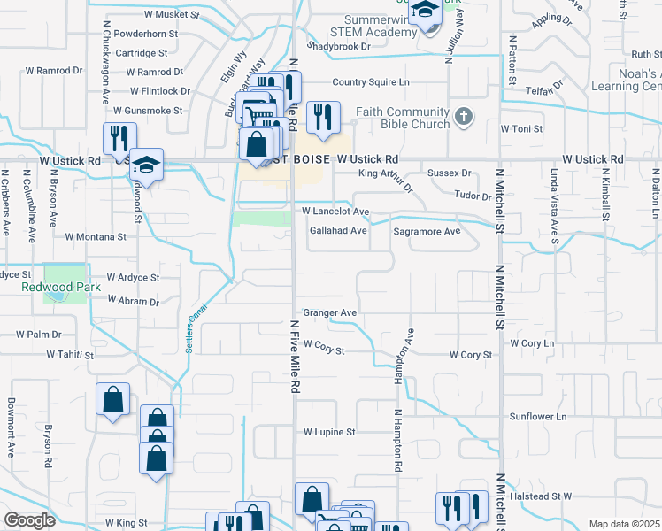 map of restaurants, bars, coffee shops, grocery stores, and more near 10515 Excalibur Avenue in Boise
