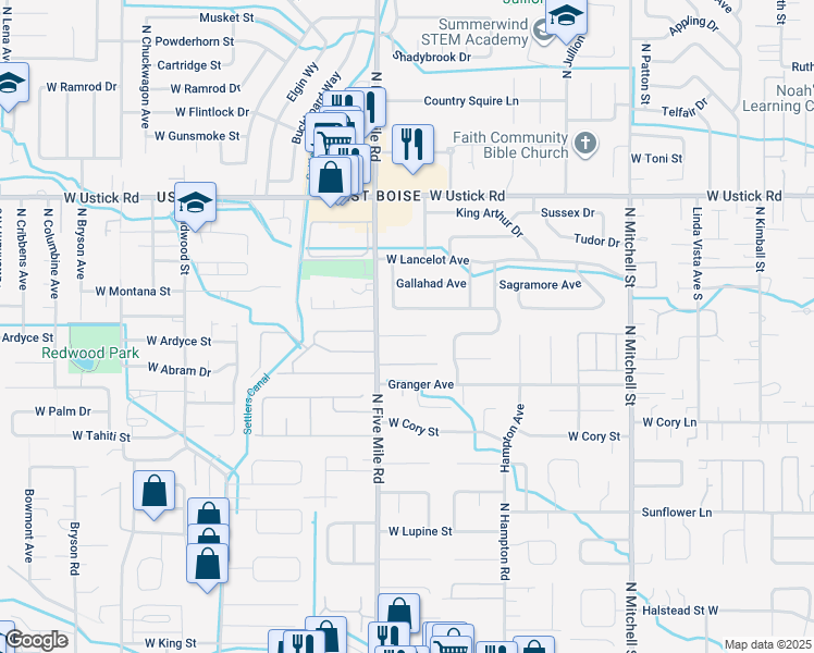 map of restaurants, bars, coffee shops, grocery stores, and more near 10515 Excalibur Avenue in Boise