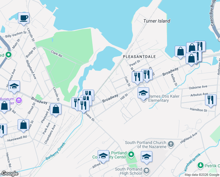 map of restaurants, bars, coffee shops, grocery stores, and more near 25 Minott Street in South Portland