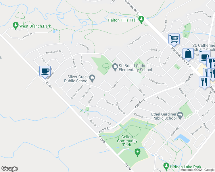 map of restaurants, bars, coffee shops, grocery stores, and more near 7 Preston Street in Halton Hills