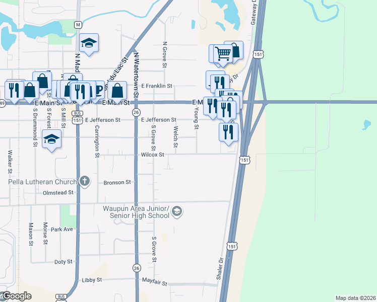 map of restaurants, bars, coffee shops, grocery stores, and more near 820 Wilcox Street in Waupun