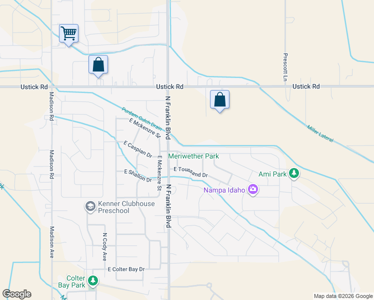 map of restaurants, bars, coffee shops, grocery stores, and more near 7950 East Drouillard Street in Nampa