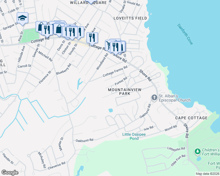 map of restaurants, bars, coffee shops, grocery stores, and more near 26 Elmwood Road in Cape Elizabeth