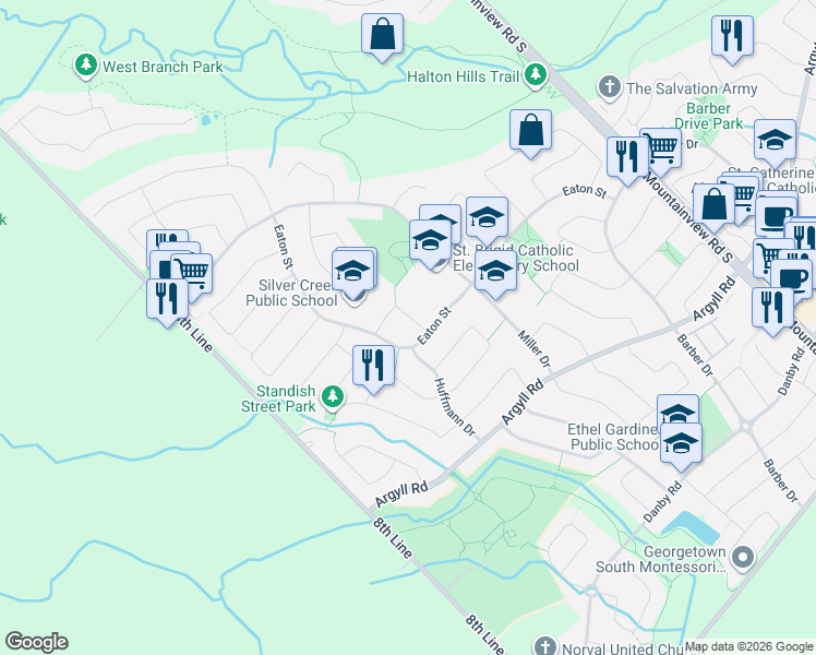 map of restaurants, bars, coffee shops, grocery stores, and more near 7 Preston Street in Halton Hills