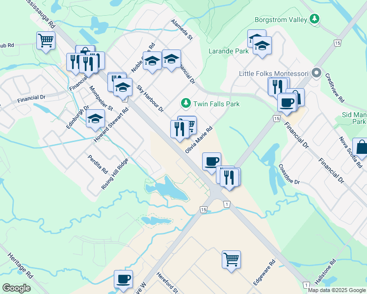 map of restaurants, bars, coffee shops, grocery stores, and more near 50 Sky Harbour Drive in Brampton