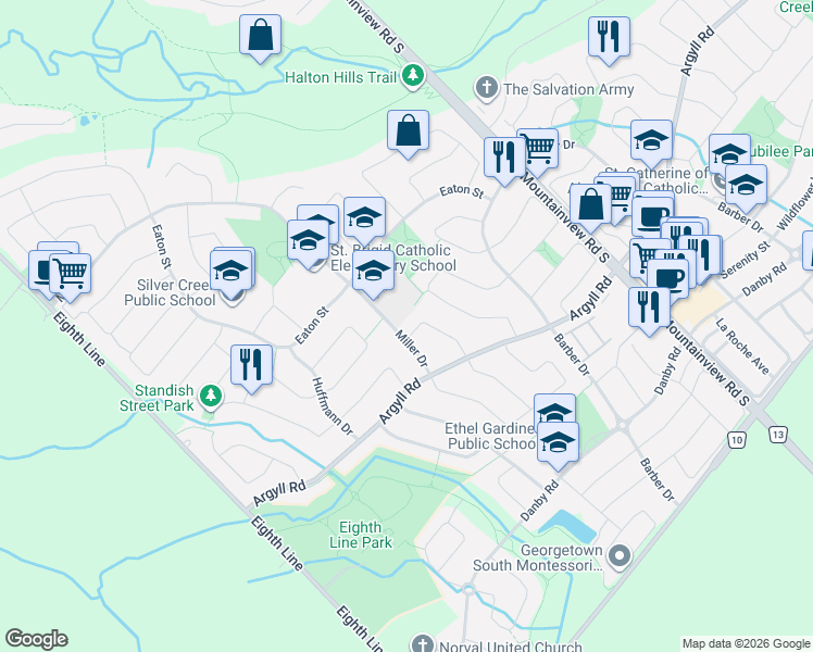 map of restaurants, bars, coffee shops, grocery stores, and more near 40 Hepburn Crescent in Halton Hills