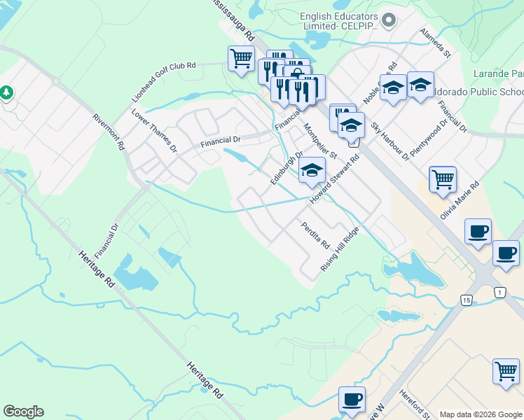map of restaurants, bars, coffee shops, grocery stores, and more near 31 Little Britain Crescent in Brampton