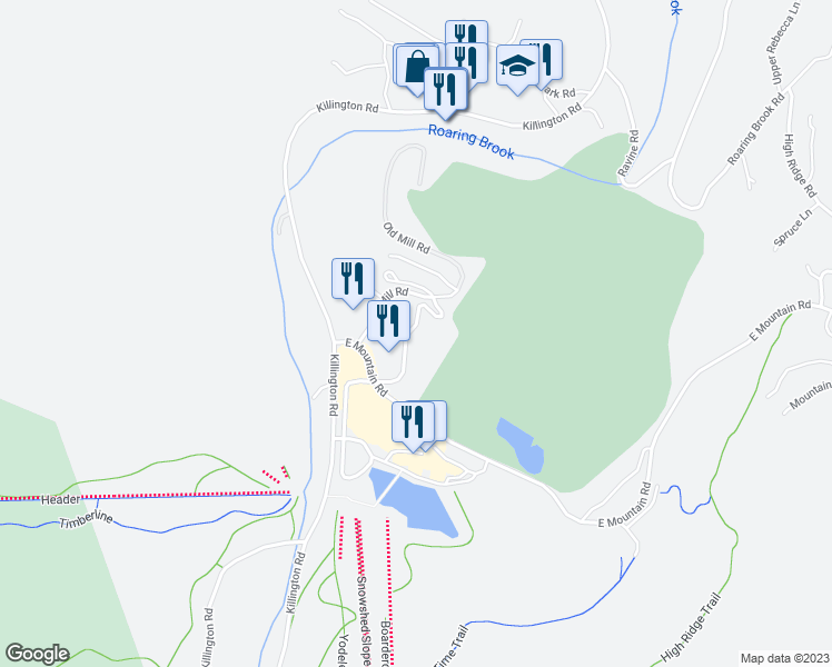 map of restaurants, bars, coffee shops, grocery stores, and more near 58 Old Mill Road in Killington