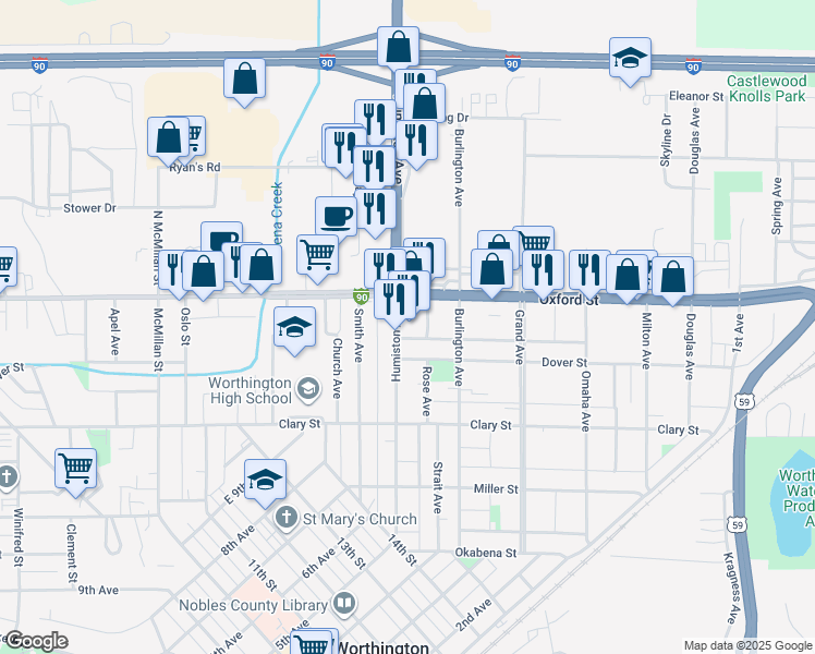 map of restaurants, bars, coffee shops, grocery stores, and more near 1303 Humiston Avenue in Worthington