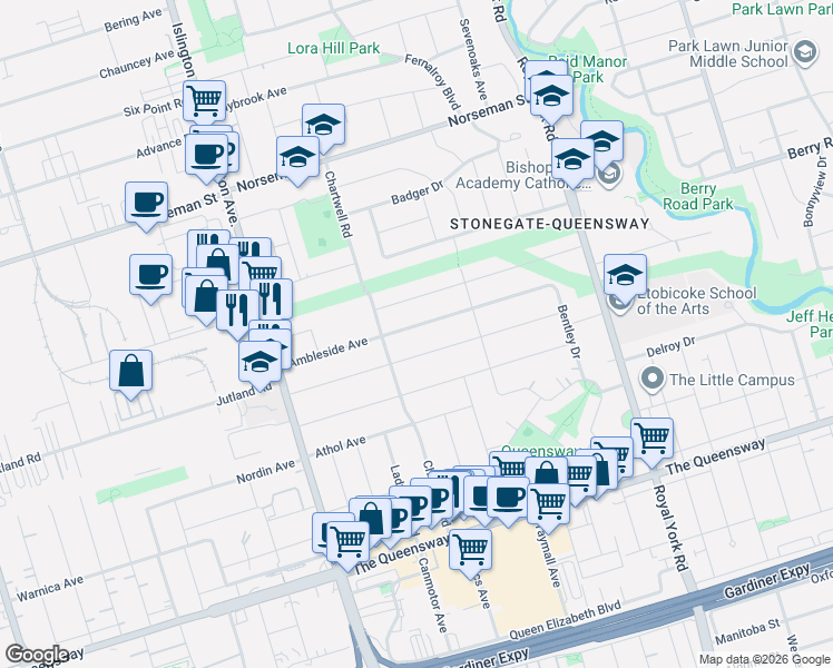 map of restaurants, bars, coffee shops, grocery stores, and more near 57 Ambleside Avenue in Toronto