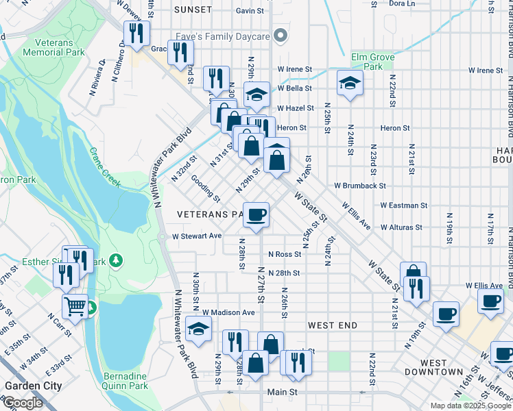 map of restaurants, bars, coffee shops, grocery stores, and more near 1007 North 28th Street in Boise
