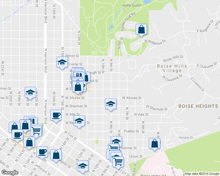 map of restaurants, bars, coffee shops, grocery stores, and more near 1803 N 9th St in Boise