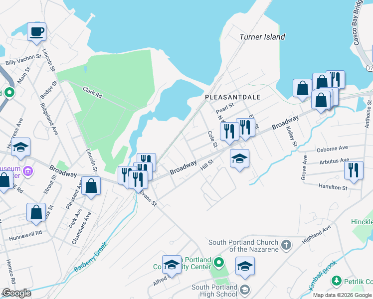 map of restaurants, bars, coffee shops, grocery stores, and more near 15 Latham Street in South Portland