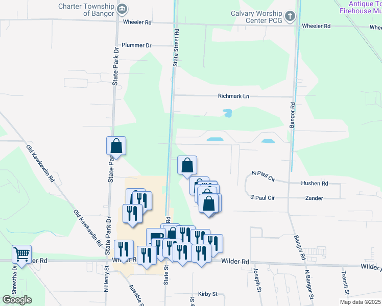 map of restaurants, bars, coffee shops, grocery stores, and more near 115 Country Meadows Lane in Bay City
