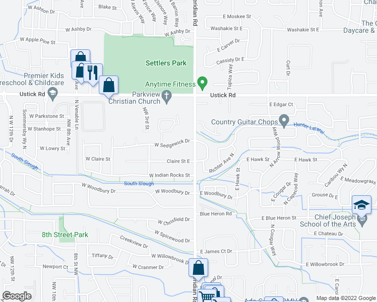 map of restaurants, bars, coffee shops, grocery stores, and more near 2825 North Meridian Road in Meridian