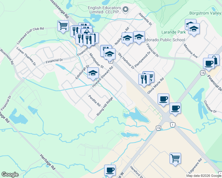 map of restaurants, bars, coffee shops, grocery stores, and more near 9 Dancing Waters Road in Brampton