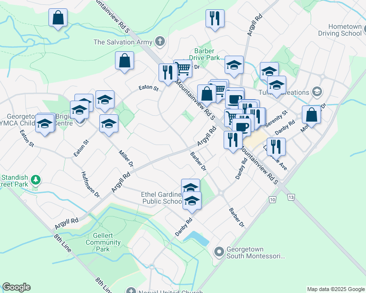 map of restaurants, bars, coffee shops, grocery stores, and more near 169 Barber Drive in Halton Hills