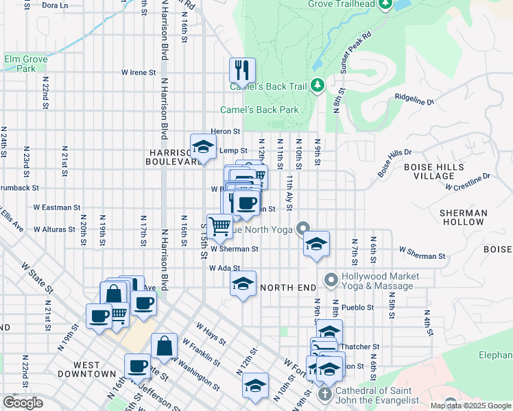 map of restaurants, bars, coffee shops, grocery stores, and more near 1601 North 12th Street in Boise