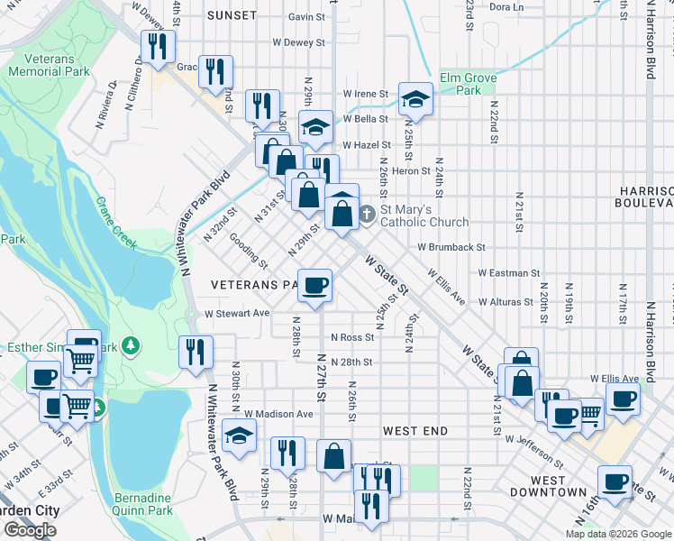 map of restaurants, bars, coffee shops, grocery stores, and more near 1101 North 27th Street in Boise