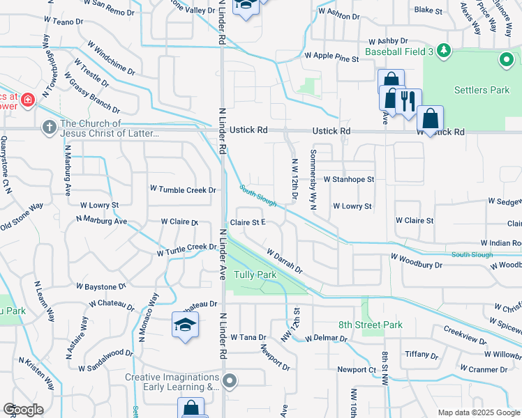 map of restaurants, bars, coffee shops, grocery stores, and more near 1213 West Lowry Street in Meridian