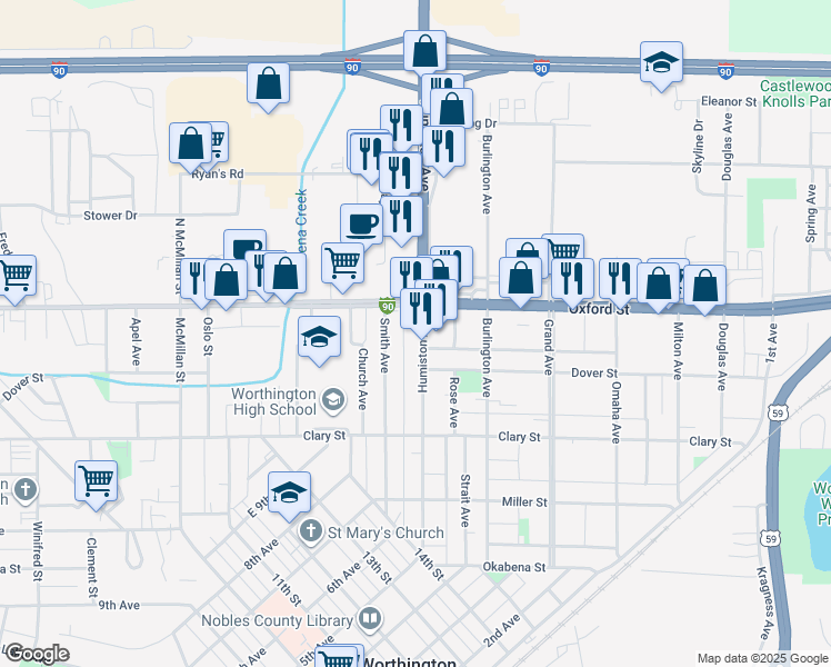 map of restaurants, bars, coffee shops, grocery stores, and more near 1303 Humiston Avenue in Worthington