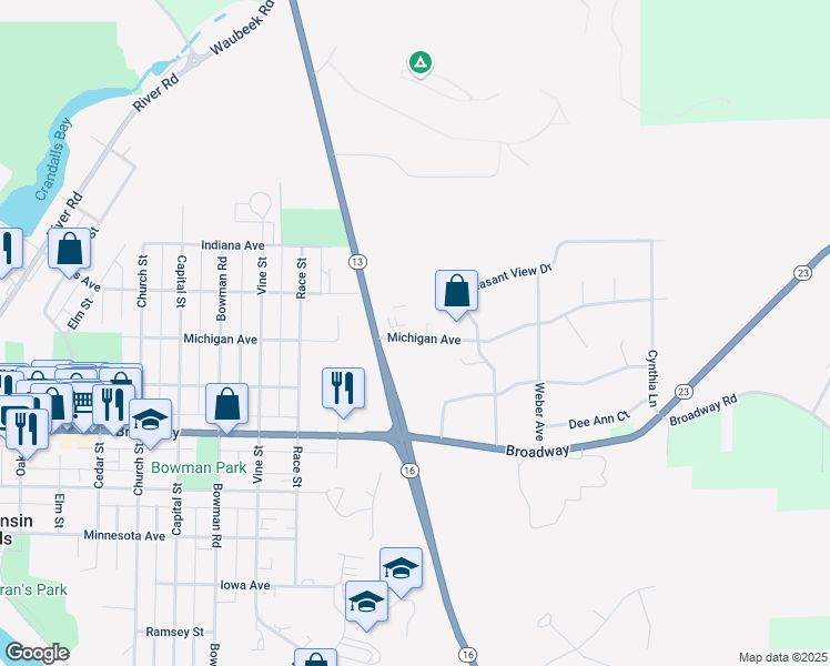 map of restaurants, bars, coffee shops, grocery stores, and more near 1325 Michigan Avenue in Wisconsin Dells