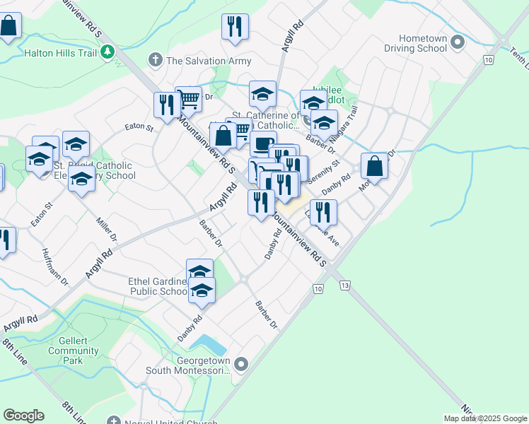 map of restaurants, bars, coffee shops, grocery stores, and more near 380 Mountainview Road South in Halton Hills