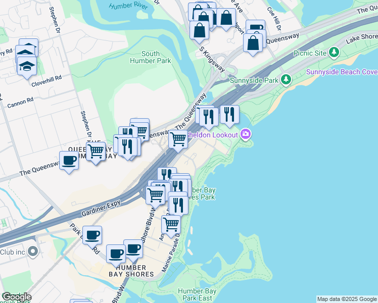 map of restaurants, bars, coffee shops, grocery stores, and more near 3 Marine Parade Drive in Toronto