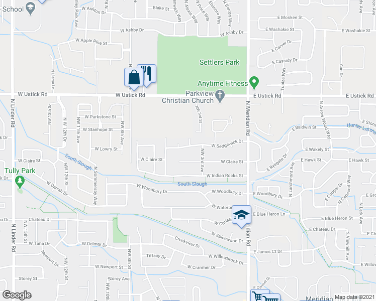 map of restaurants, bars, coffee shops, grocery stores, and more near 405 West Sedgewick Drive in Meridian