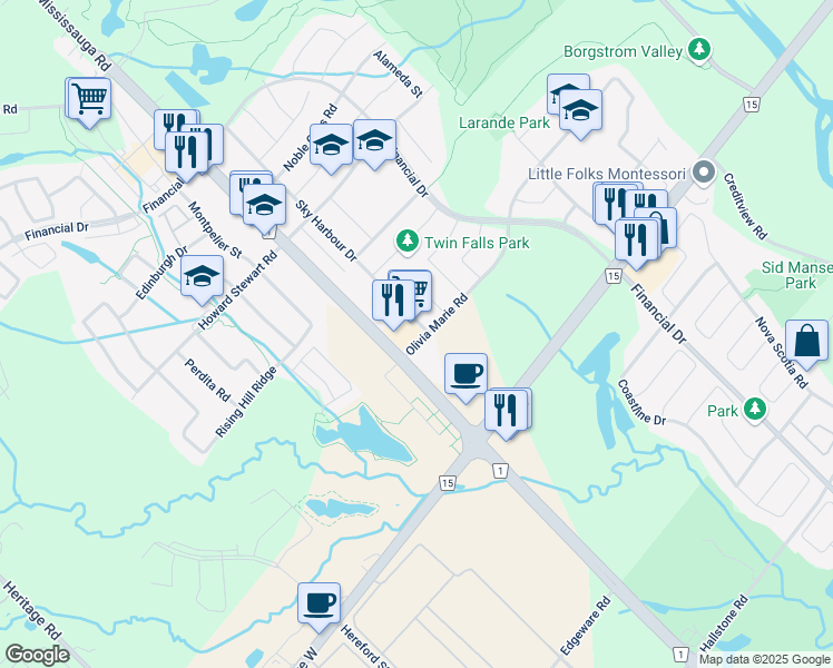map of restaurants, bars, coffee shops, grocery stores, and more near 2 Sky Harbour Drive in Brampton