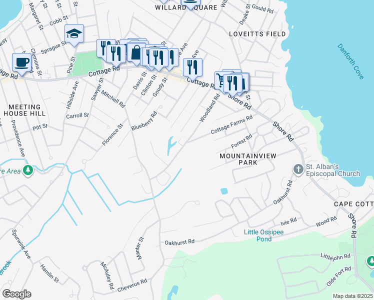 map of restaurants, bars, coffee shops, grocery stores, and more near 52 Woodland Road in Cape Elizabeth