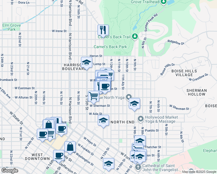 map of restaurants, bars, coffee shops, grocery stores, and more near 1607 North 12th Street in Boise