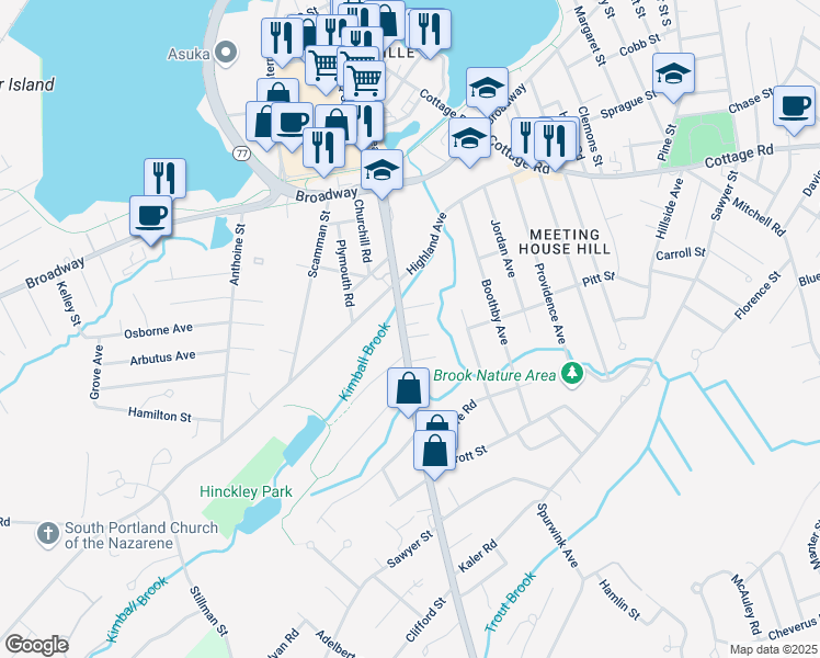 map of restaurants, bars, coffee shops, grocery stores, and more near 340 Ocean Street in South Portland