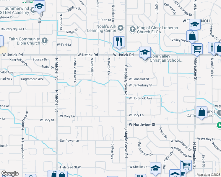 map of restaurants, bars, coffee shops, grocery stores, and more near 9191 West Kingsgate Court in Boise