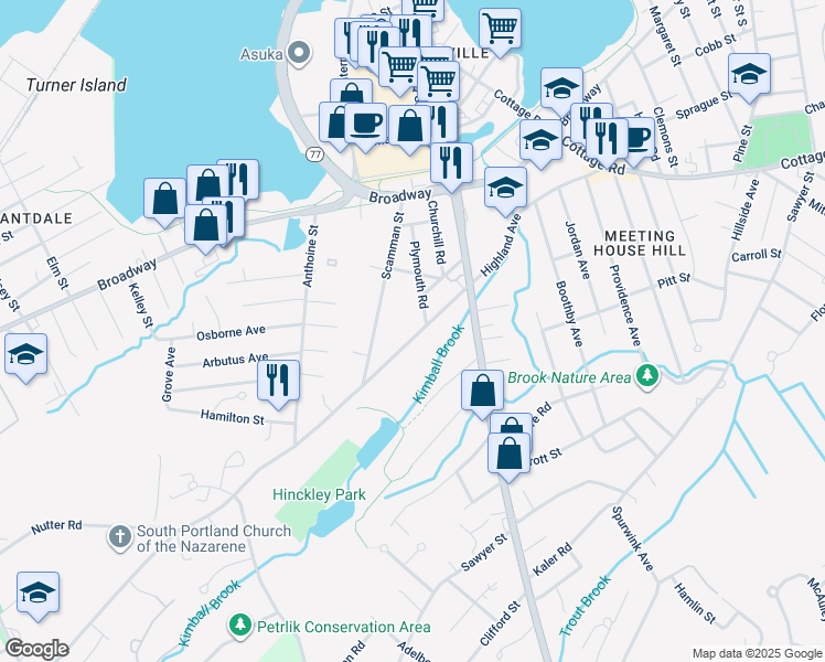 map of restaurants, bars, coffee shops, grocery stores, and more near 219 Highland Avenue in South Portland