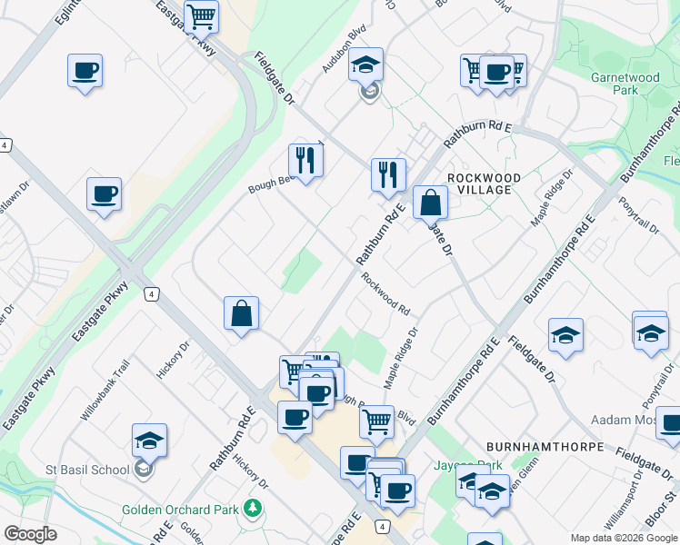 map of restaurants, bars, coffee shops, grocery stores, and more near 1622 Anworld Court in Mississauga