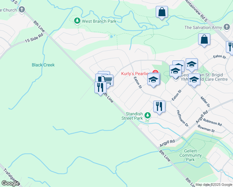 map of restaurants, bars, coffee shops, grocery stores, and more near 47 Forsyth Crescent in Halton Hills