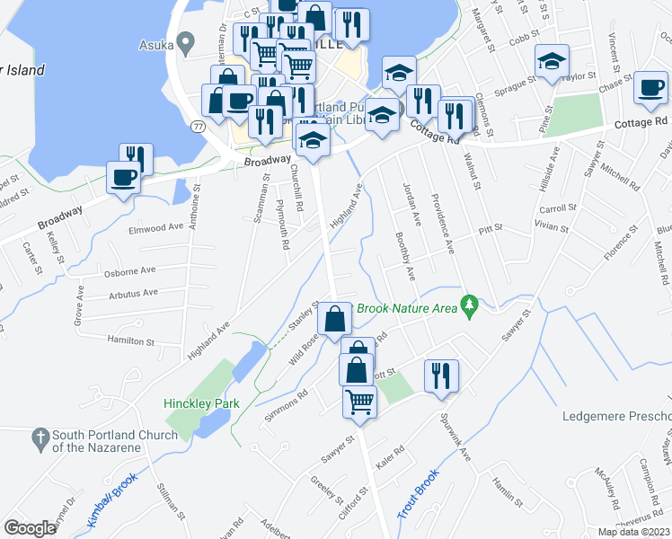 map of restaurants, bars, coffee shops, grocery stores, and more near 340 Ocean Street in South Portland